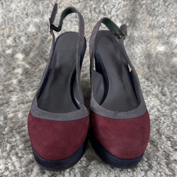 Boden Sz 36 (6) Suede Jewel-Tone Colorblock Slingback Wedge Heels Navy/Red - Picture 2 of 10